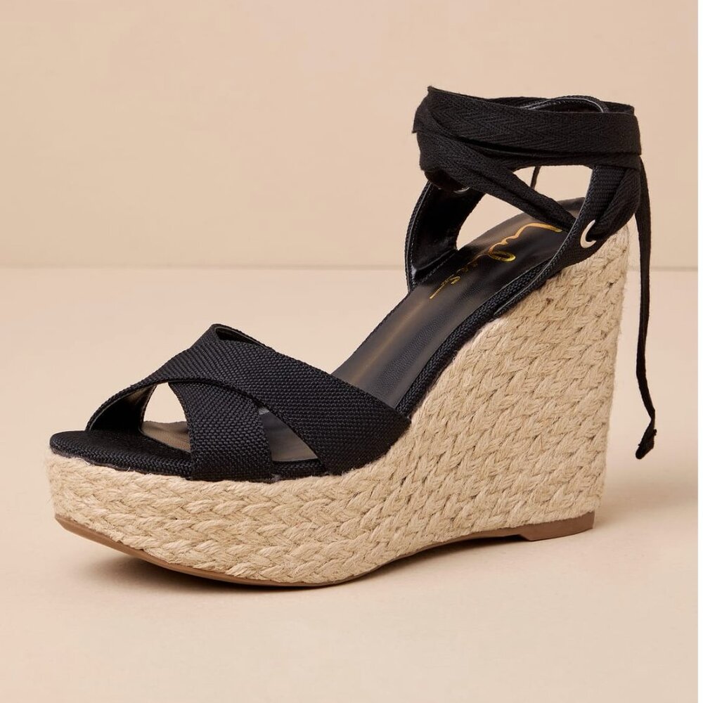 Lulus NWOT Esme Black Lace-Up Espadrille Wedges
